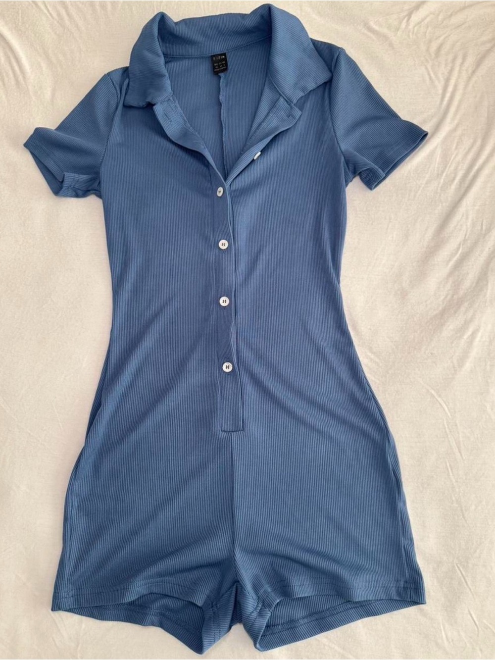 SHEIN Blue Ribbed Short Sleeve Button Romper